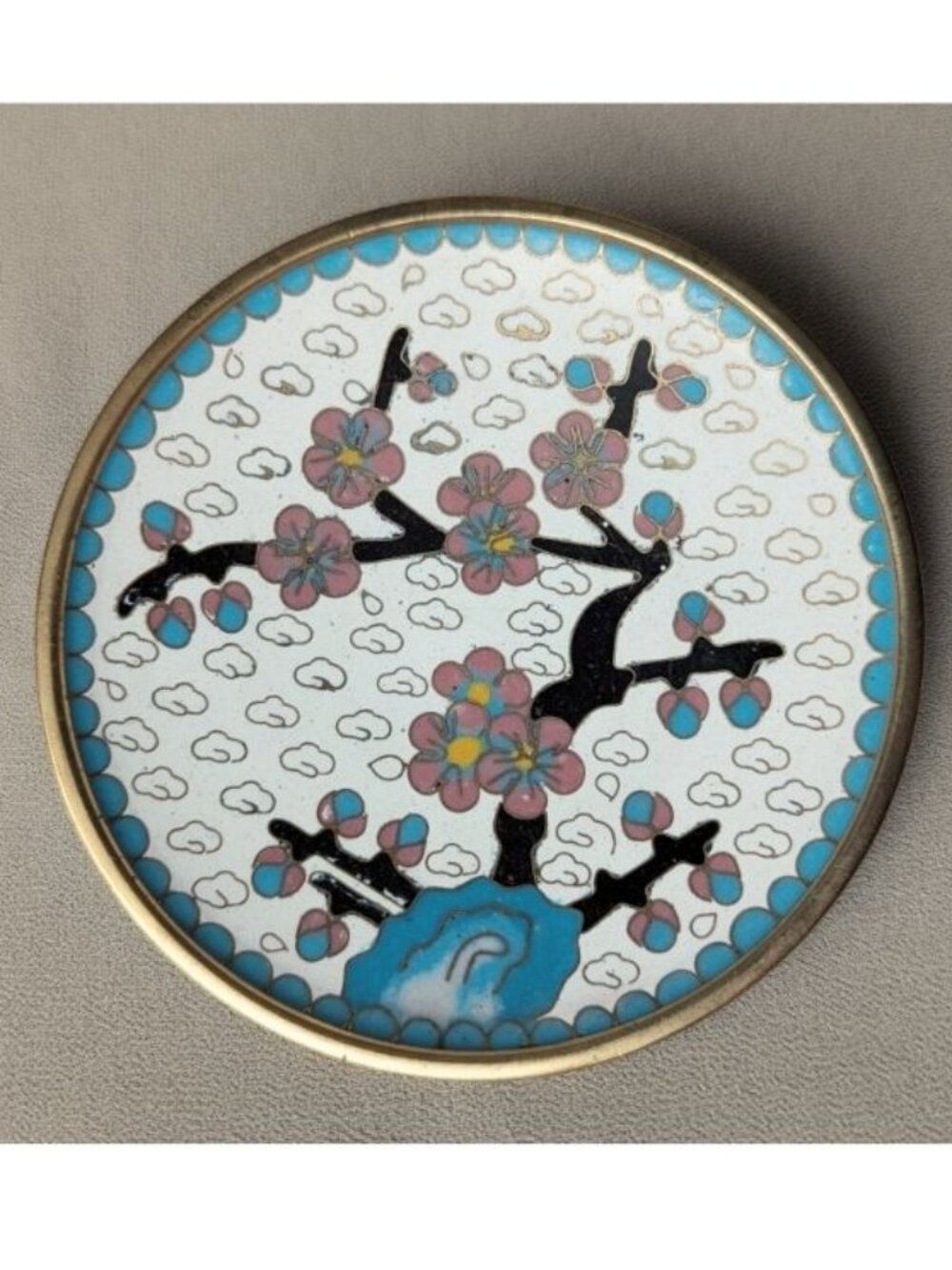 Vintage Chinese Cloisonne Enamel Plate Cherry Blossoms Flowers 4"